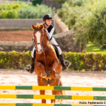 Noia amb un cavall saltant un obstacle